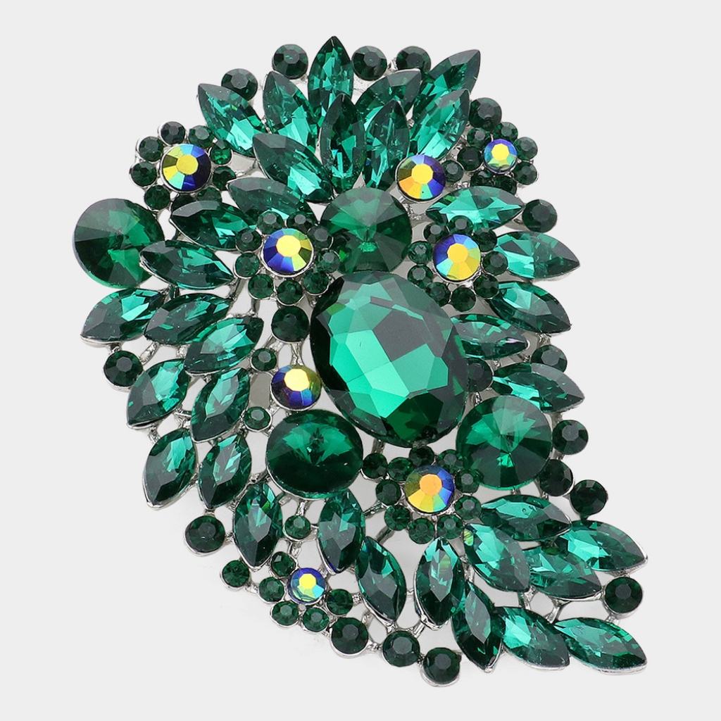 Oversized Emerald Green Brooch Crystal Pin Stone Floral Style Rhinestones